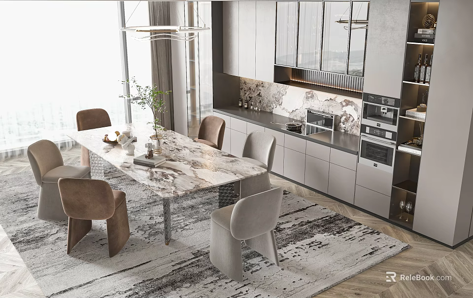 Modern Elegant Dining Table Set With Marble Tabletop And Chairs In Open Kitchen With Cabinets 3d model