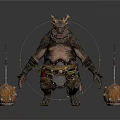Man With Horns And Chubby Body In Leather Armor With Spiked Balls And Spears