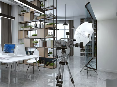 Modern Office Interior Design With White Desk Computer Shelves And Green Plants 3d model