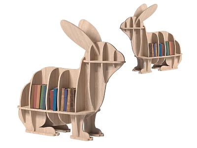 Two Wooden Rabbit Shaped Bookcases With Colorful Books For Home Decor 3d model