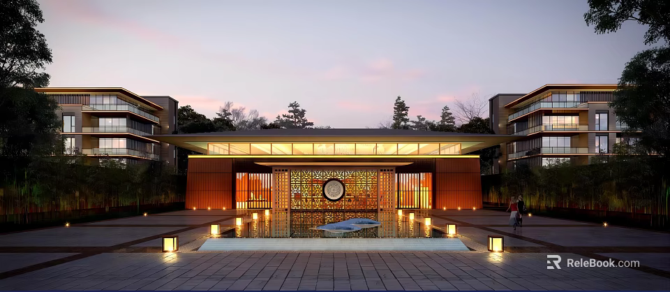 Modern Sales Office Building With Glass Facade Illuminated Entrance Water Feature And Surrounding Trees 3d model 