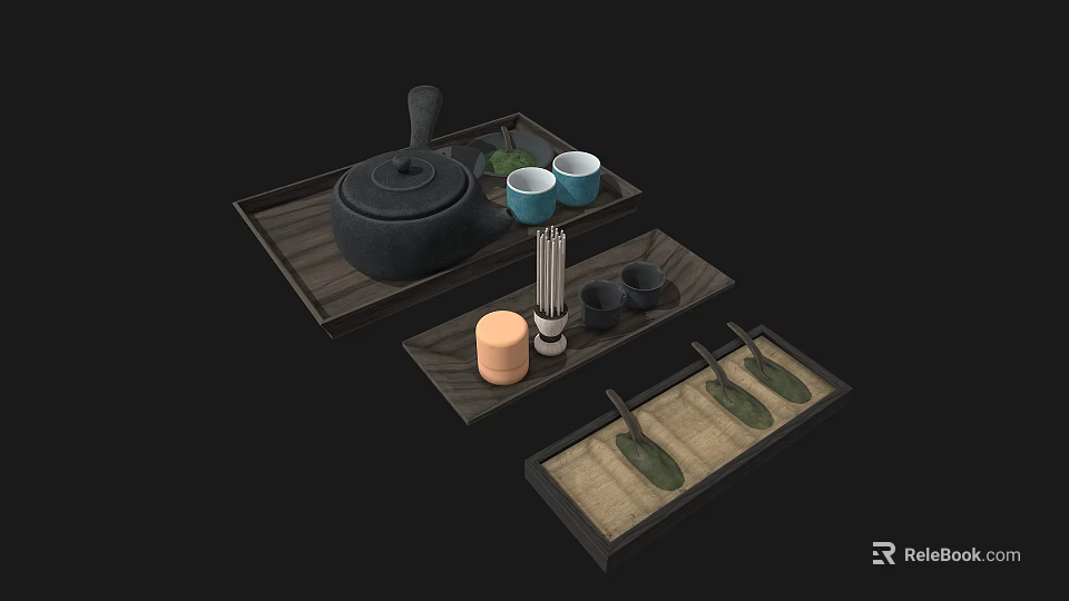 Stylish Tea Serving Set With Wooden Trays Black Teapot Blue Cups And Spoons 3d model 