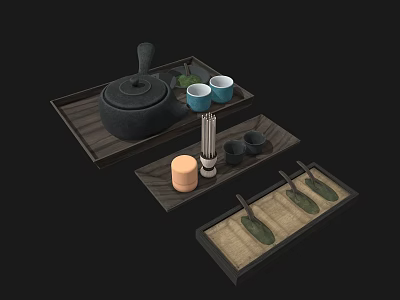 Stylish Tea Serving Set With Wooden Trays Black Teapot Blue Cups And Spoons 3d model