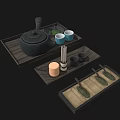 Stylish Tea Serving Set With Wooden Trays Black Teapot Blue Cups And Spoons