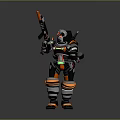 Sci Fi Robot Character With Mechanical Armor Holding Orange Rifle And Green Accents