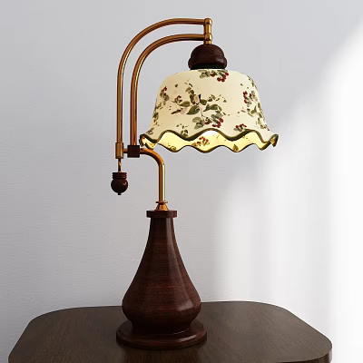 Vintage Curved Brass Arm Table Lamp Floral Scalloped Shade Wooden Base Lit on Dark Table 3d model
