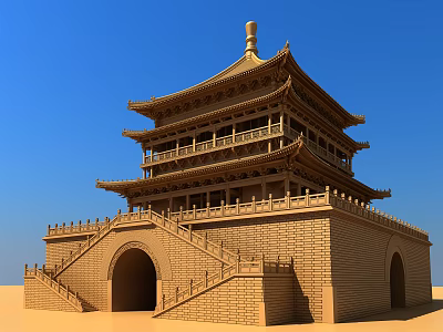 Traditional Chinese Multi tiered Tower With Wooden Structure Archway And Staircase Under Blue Sky 3d model