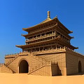 Traditional Chinese Multi tiered Tower With Wooden Structure Archway And Staircase Under Blue Sky