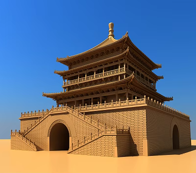 Traditional Chinese Multi tiered Tower With Wooden Structure Archway And Staircase Under Blue Sky 3d model