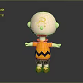 Cartoon Character Bald Head Curly Hair Yellow Striped Shirt Black Shorts Orange Shoes Arms Outstretched