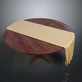 Round Dark Brown Wooden Dining Table with Beige Tablecloth and Three Legged Base 3d model