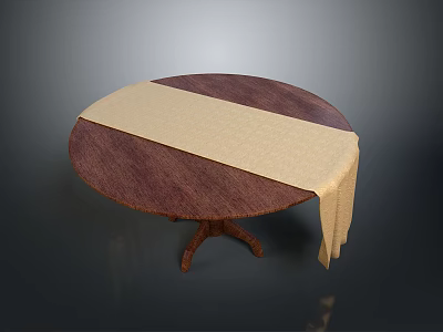 Round Dark Brown Wooden Dining Table with Beige Tablecloth and Three Legged Base 3d model