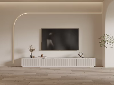 Modern Minimalist White TV Stand With Wall Mounted TV Decorative Items And Curved Lighting 3d model