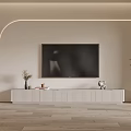 Modern Minimalist White TV Stand With Wall Mounted TV Decorative Items And Curved Lighting