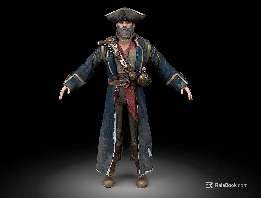 Man Dressed As Pirate With Long Coat Hat Belt Flask And Sword 3d model 