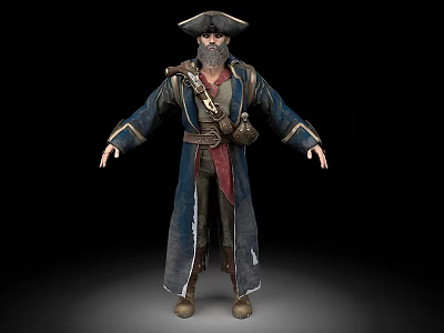 Man Dressed As Pirate With Long Coat Hat Belt Flask And Sword 3d model