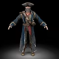 Man Dressed As Pirate With Long Coat Hat Belt Flask And Sword