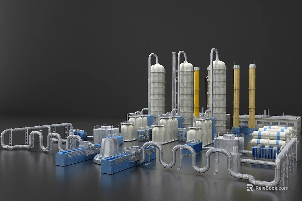 Industrial Equipment Featuring Large Storage Tanks Complex Piping Systems And Colored Towers 3d model 