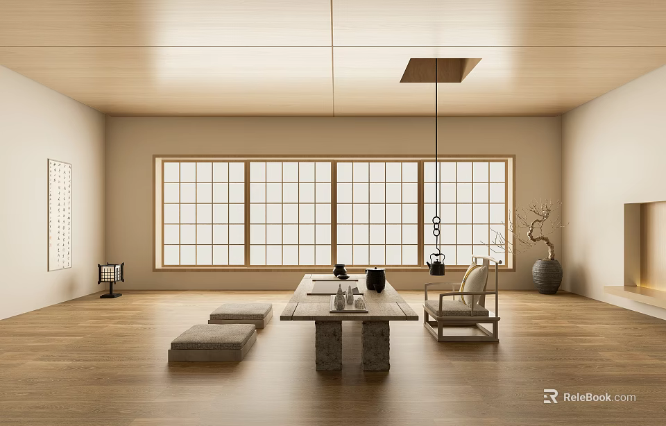 Traditional Japanese Tea Room Interior With Shoji Windows Wooden Floor Stone Tea Table And Cushions 3d model 