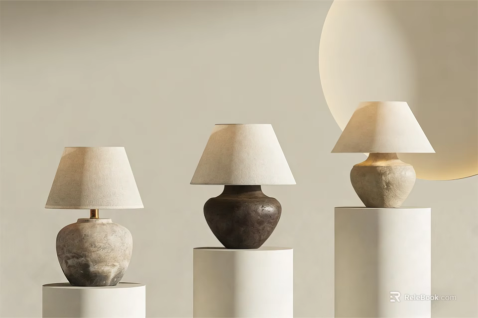 Elegant Modern Table Lamps With Diverse Colored Bases And Light Shades On White Pedestals 3d model 