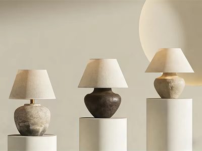 Elegant Modern Table Lamps With Diverse Colored Bases And Light Shades On White Pedestals 3d model