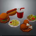 Delicious Fast Food Selection Including Hamburger Hot Dog Fries Chicken Leg Salad And Drink