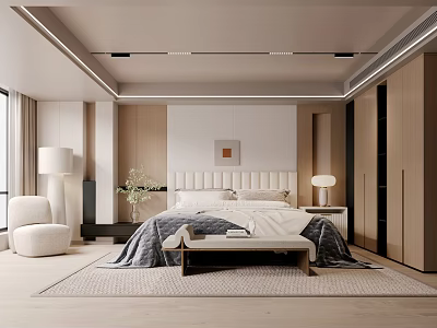 Modern Bedroom Interior With Padded Headboard Bed Nightstands Table Lamps Area Rug And Accent Chair 3d model
