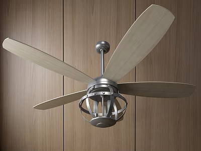 Ceiling Fan with Wooden Blades and Metal Frame Ceiling Mounted on Wooden Wall Background 3d model