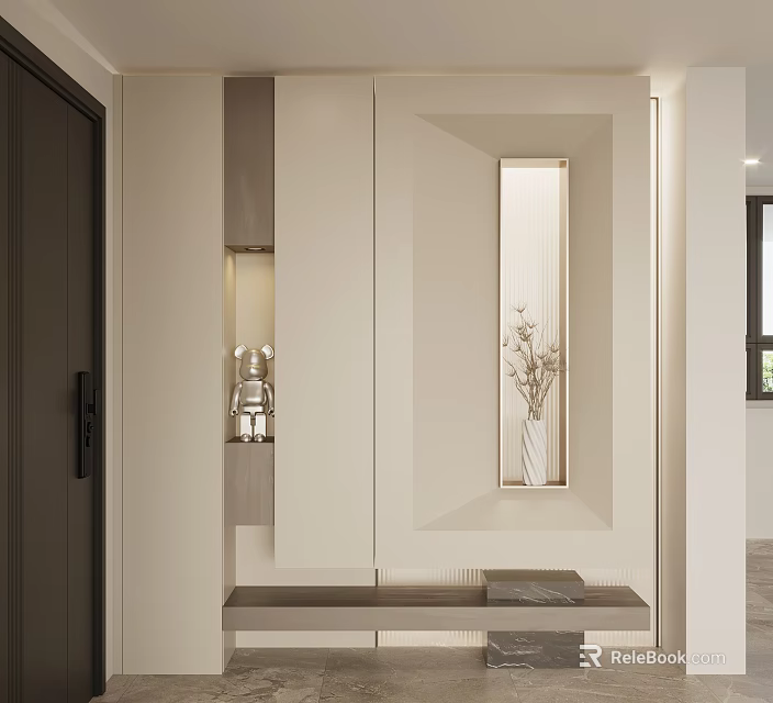 Modern Entryway Shoe Cabinet Design With Mirror Lighting And Decorative Elements 3d model