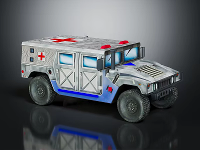 Military Ambulance With Red Cross Red Emergency Lights Silver Gray Body And Large Off-Road Wheels 3d model
