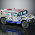 Military Ambulance With Red Cross Red Emergency Lights Silver Gray Body And Large Off-Road Wheels