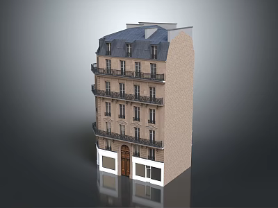 Brick Exterior Residential Building With Multiple Floors Balconies Dark Roof And White Base 3d model