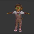 Cartoon Monkey Character Wearing Brown Overalls White T-Shirt and Cap with Arms Outstretched