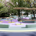 Beautiful Park Landscape With Colorful Track Children Riding Bikes Green Trees And Stone Benches