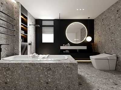Modern Bathroom Featuring Stone Finish Bathtub Round Mirror And Smart Toilet 3d model