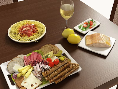 Delicious Charcuterie Platter With Spaghetti Fresh Salad Grilled Salmon White Wine And Lemons 3d model