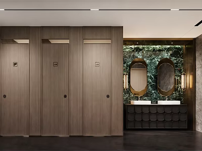 Elegant Modern Public Bathroom With Wooden Stall Doors And Green Marble Double Sink Interior Design 3d model