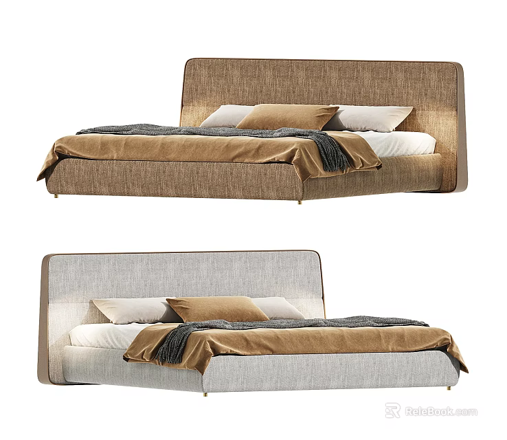 Modern Double Bed Interior With Brown Gray Headboards Frames Pillows And Warm Blankets 3d model 