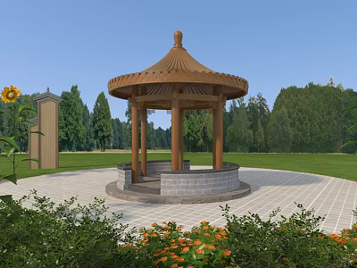 Wooden Gazebo With Green Lawn Trees Orange Flowers Signpost And Sunflower In Park 3d model