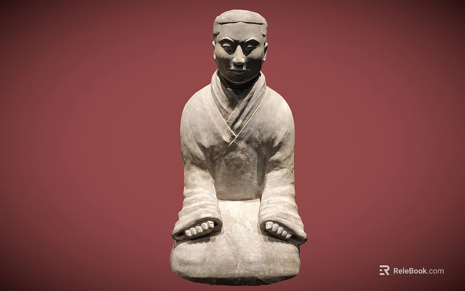 Ancient Human Figure Sculpture in Seated Position with Traditional Robe Stone Carving on Red Background 3d model 