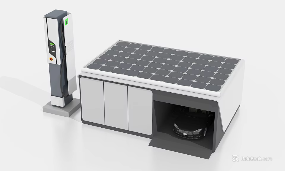 Solar Panel Roof Garage With Charging Station And Electric Vehicle Inside 3d model 