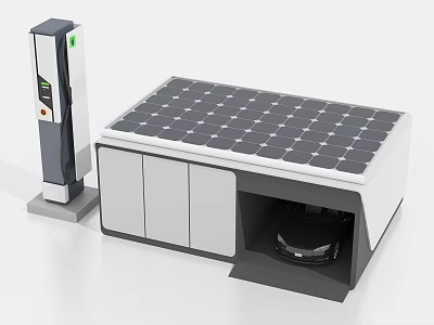 Solar Panel Roof Garage With Charging Station And Electric Vehicle Inside 3d model