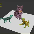 Three Cat Models in Different Colors Standing on White Board Surface