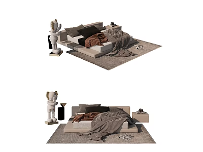 Modern Double Bed Interior With Soft Blanket Decorative Sculpture And Plush Area Rug 3d model
