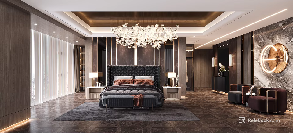 Elegant Modern Bedroom Interior With Tufted Headboard Plush Pillows Bedside Lamps Rug And Wooden Flooring 3d model 
