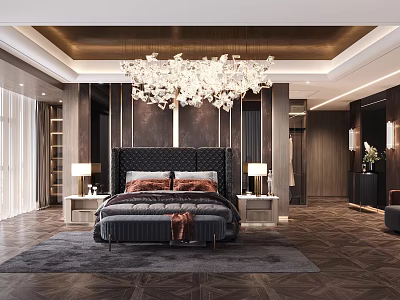 Elegant Modern Bedroom Interior With Tufted Headboard Plush Pillows Bedside Lamps Rug And Wooden Flooring 3d model