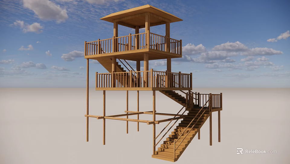 Two Story Wooden Tower with Staircase and Balcony Railing Against Blue Sky and Clouds 3d model 