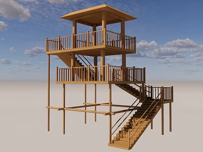 Two Story Wooden Tower with Staircase and Balcony Railing Against Blue Sky and Clouds 3d model