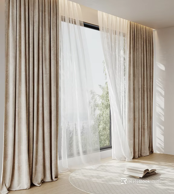 Modern Beige Curtain With Sheer Layer And Natural Light Through Window And Green Trees 3d model 