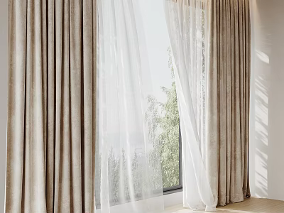 Modern Beige Curtain With Sheer Layer And Natural Light Through Window And Green Trees 3d model